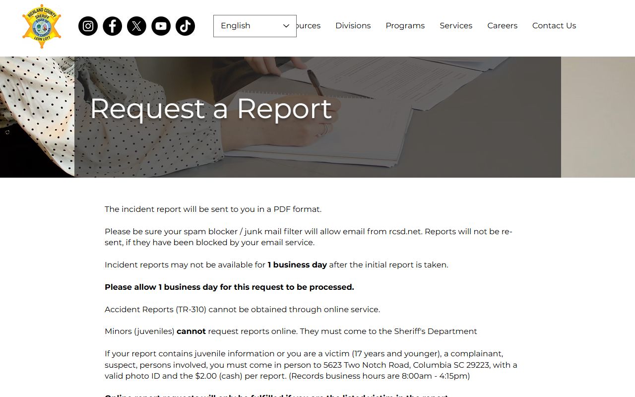 Richland County criminal court records sheriff report request source
