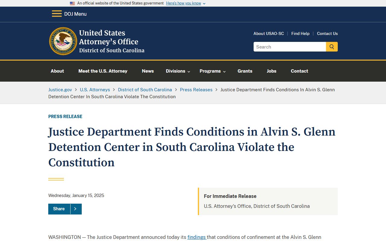 Richland County inmate records DOJ Alvin S Glenn findings