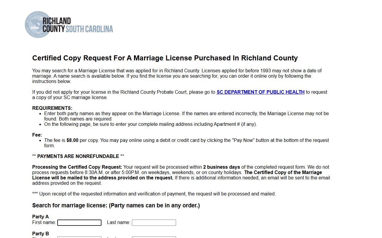 Richland County marriage records certified copy search portal