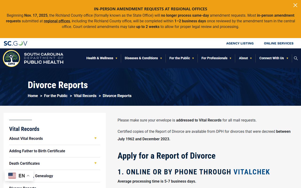 Richland County divorce records South Carolina DPH divorce reports