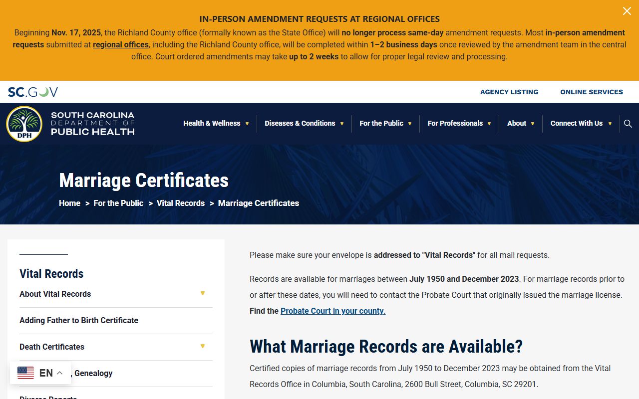 Richland County marriage records South Carolina DPH marriage certificates