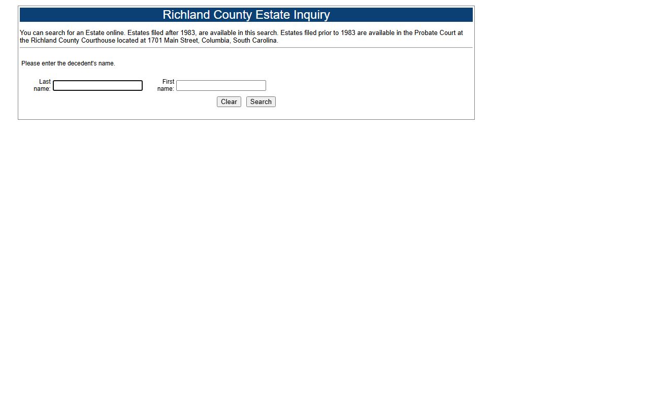 Richland County probate records estate inquiry search