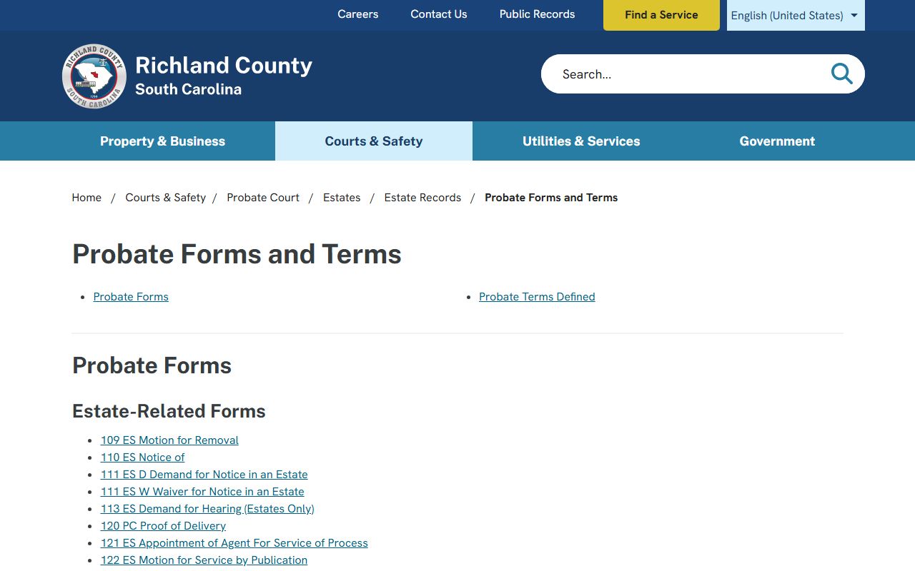 Richland County probate records probate forms and terms